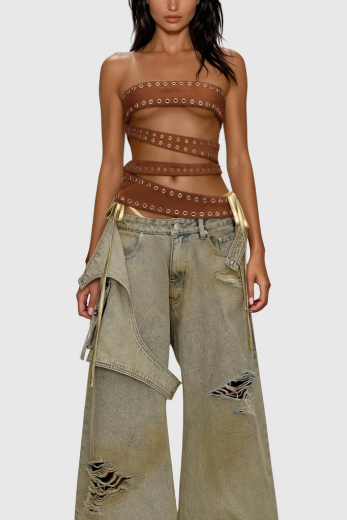 Shop  beautiful dress - Perfect for special occasions | Chinweike Eyelet Asymmetric Strapless Top