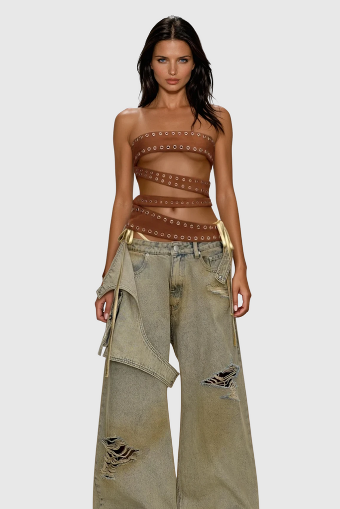 Stylish beautiful dress | Chinweike Eyelet Asymmetric Strapless Top - Ideal for special occasions