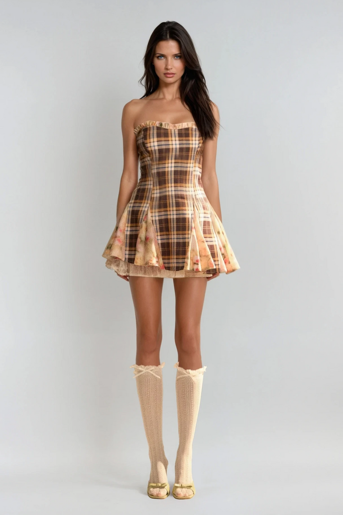 Stylish beautiful dress | Chinyelu Strapless Grid Floral Mini Dress - Ideal for special occasions