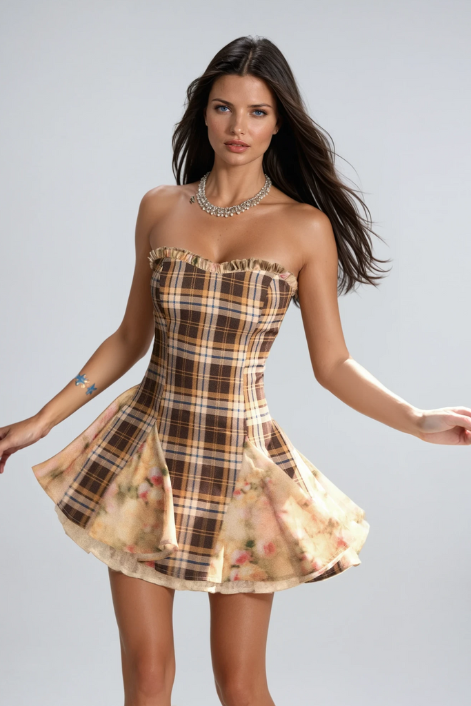 Chinyelu Strapless Grid Floral Mini Dress - Stylish beautiful dress for special occasions | Buy Online