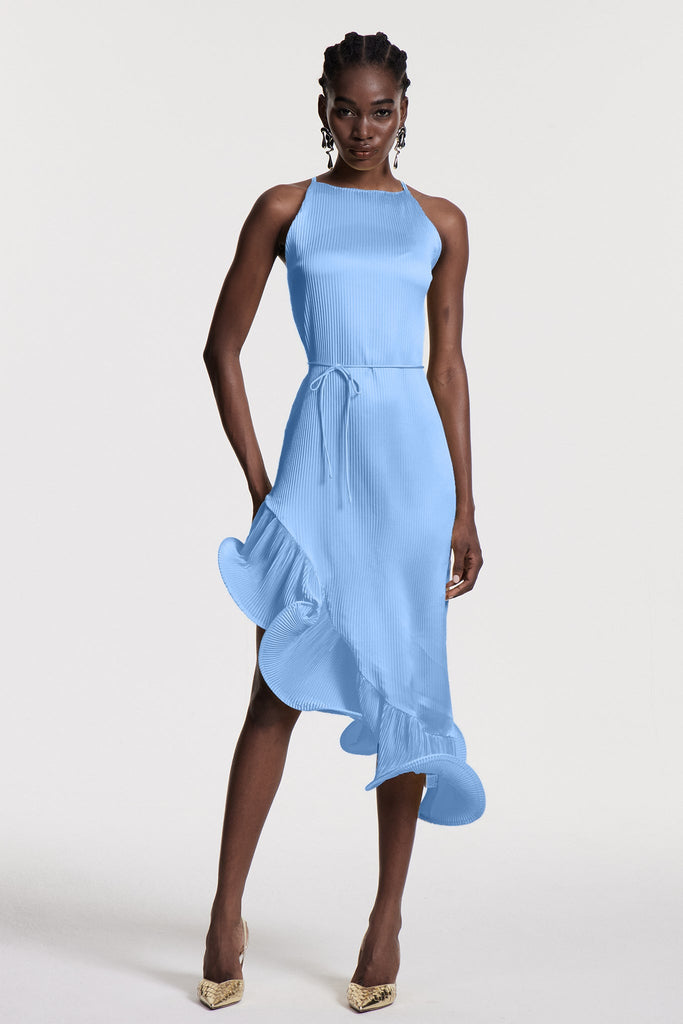 Chizuko Ruffle Sleeveless Midi Dress In Blue - Stylish blue dress for special occasions | Buy Online
