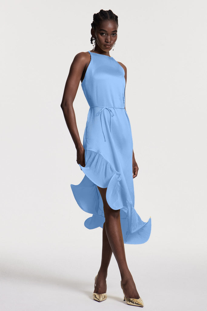 Stylish blue dress | Chizuko Ruffle Sleeveless Midi Dress In Blue - Ideal for special occasions