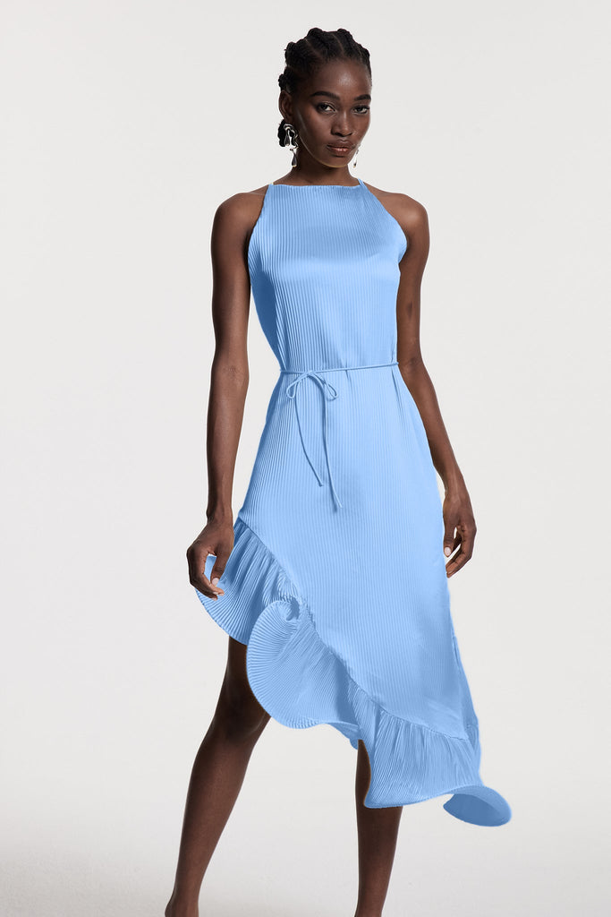 Stylish blue dress | Chizuko Ruffle Sleeveless Midi Dress In Blue - Ideal for special occasions