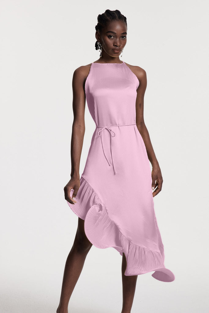 Stylish pink dress | Chizuko Ruffle Sleeveless Midi Dress In Pink - Ideal for special occasions