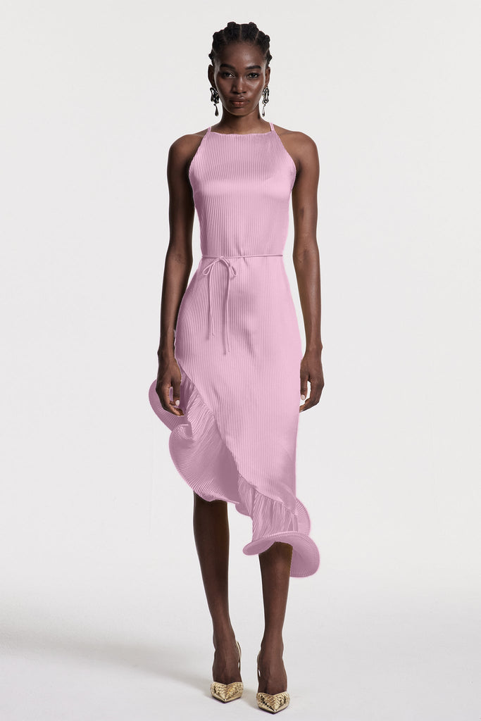 Stylish pink dress | Chizuko Ruffle Sleeveless Midi Dress In Pink - Ideal for special occasions