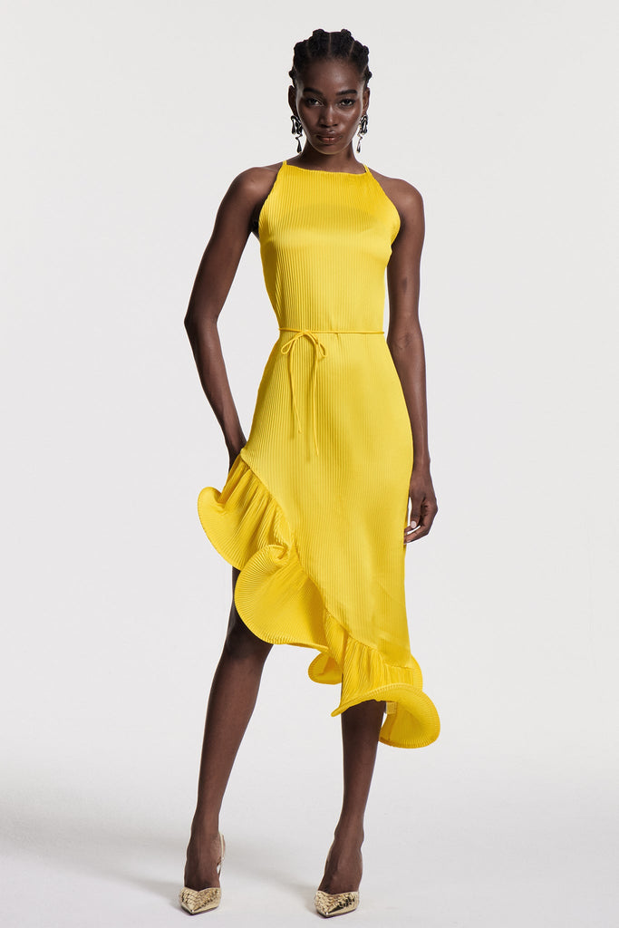 Stylish yellow dress | Chizuko Ruffle Sleeveless Midi Dress In Yellow - Ideal for special occasions