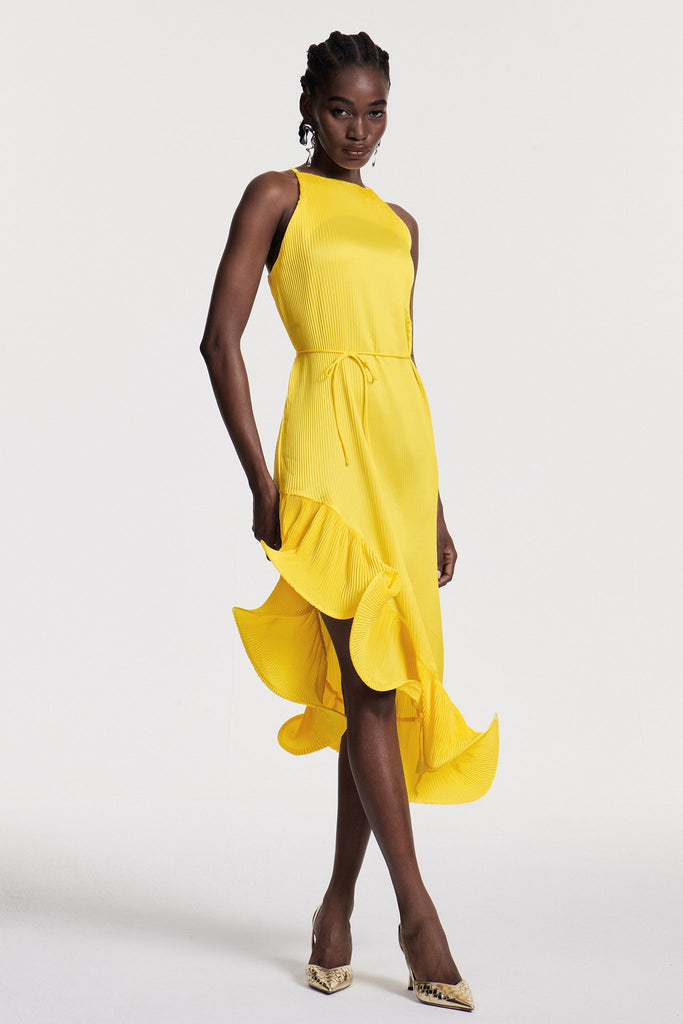 Chizuko Ruffle Sleeveless Midi Dress In Yellow - Stylish yellow dress for special occasions | Buy Online
