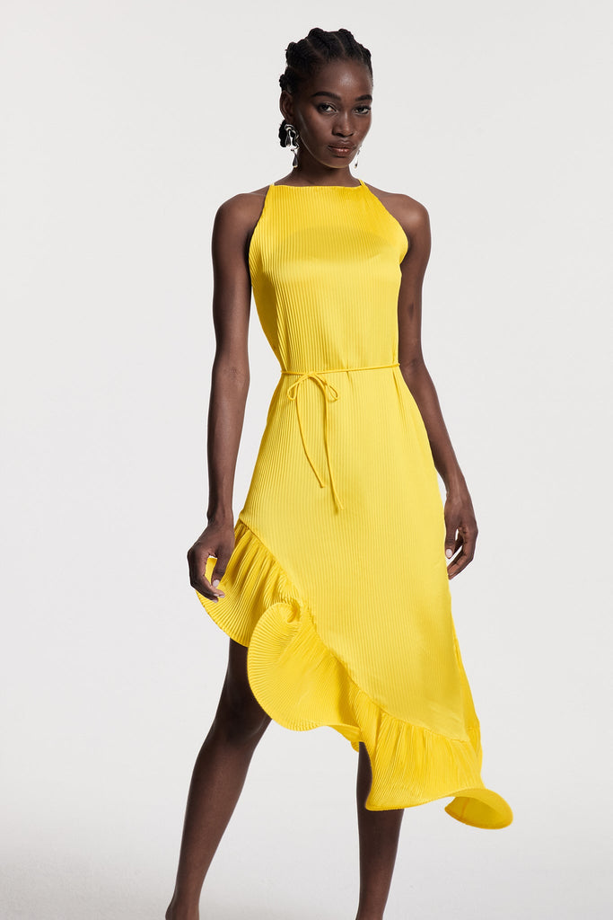 Stylish yellow dress | Chizuko Ruffle Sleeveless Midi Dress In Yellow - Ideal for special occasions