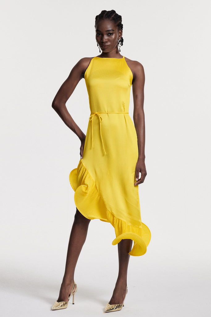 Chizuko Ruffle Sleeveless Midi Dress In Yellow - Stylish yellow dress for special occasions | Buy Online