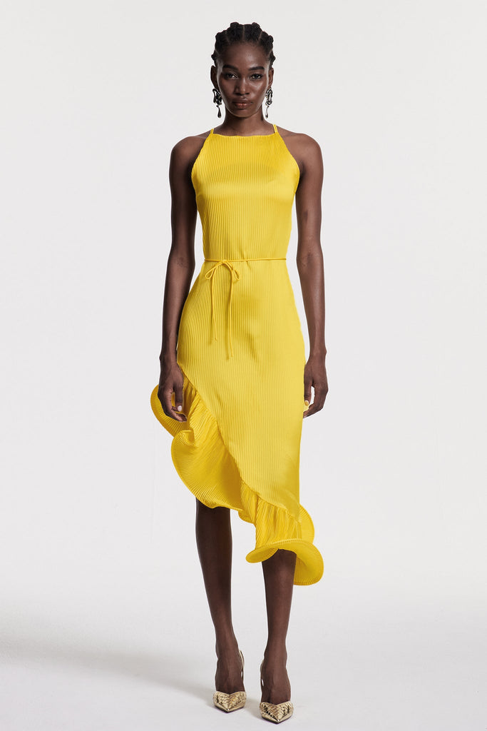 Stylish yellow dress | Chizuko Ruffle Sleeveless Midi Dress In Yellow - Ideal for special occasions
