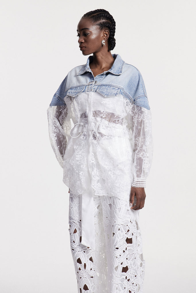 Stylish red dress | Chlothar Lace Embroidered Denim Jacket - Ideal for special occasions