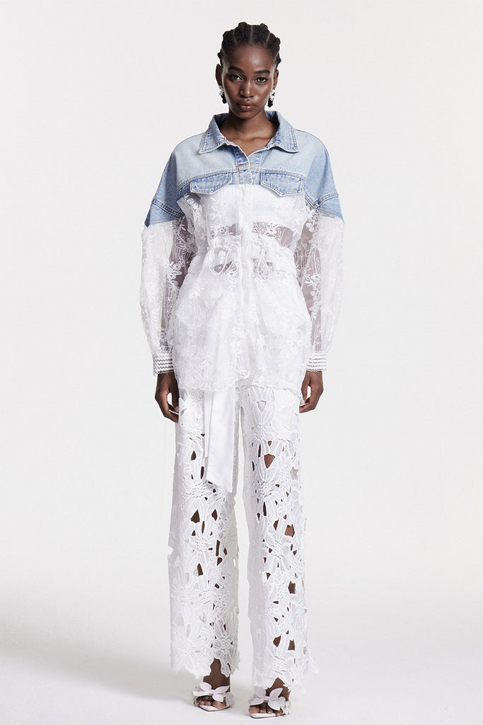 Stylish red dress | Chlothar Lace Embroidered Denim Jacket - Ideal for special occasions