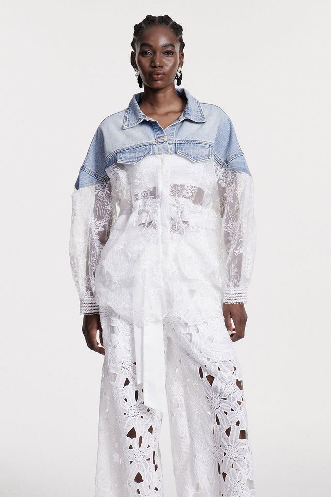 Stylish red dress | Chlothar Lace Embroidered Denim Jacket - Ideal for special occasions