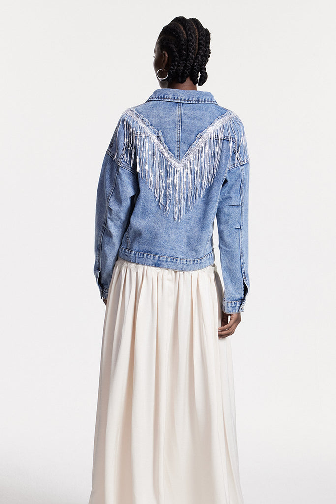 Stylish beautiful dress | Chouko Sequin Fringe Denim Jacket - Ideal for special occasions