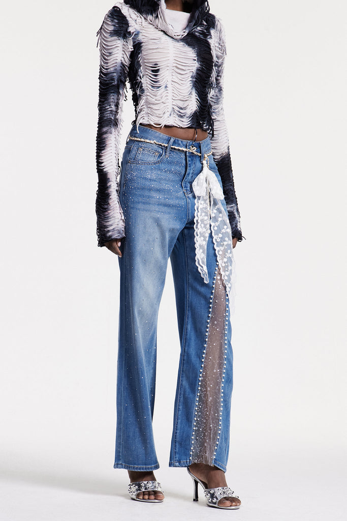 Stylish beautiful dress | Christakis Mesh Pearl Rhinestone Jeans - Ideal for special occasions