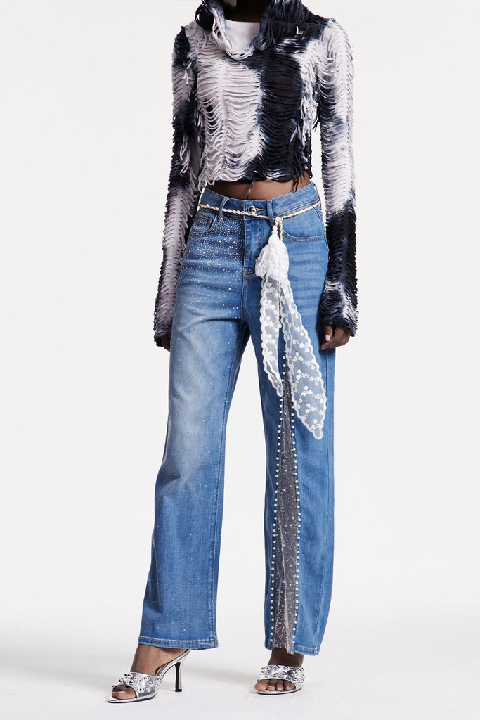 Stylish beautiful dress | Christakis Mesh Pearl Rhinestone Jeans - Ideal for special occasions