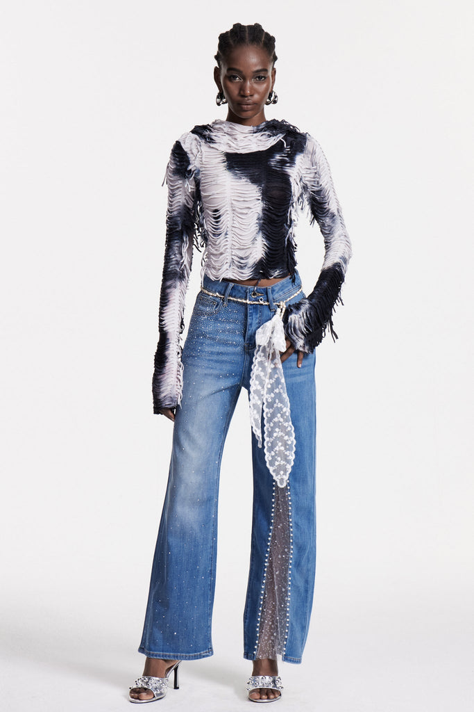 Stylish beautiful dress | Christakis Mesh Pearl Rhinestone Jeans - Ideal for special occasions