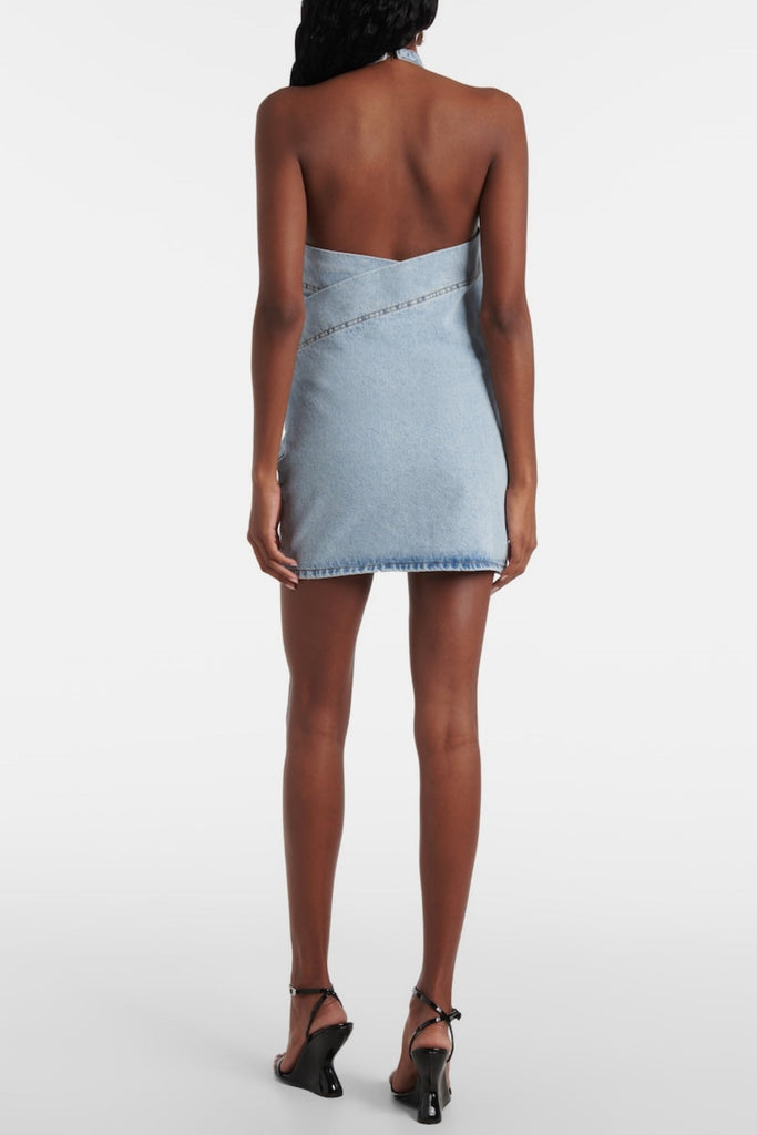 Christell Floral Appliqué Halter Denim Mini Dress - Stylish beautiful dress for special occasions | Buy Online