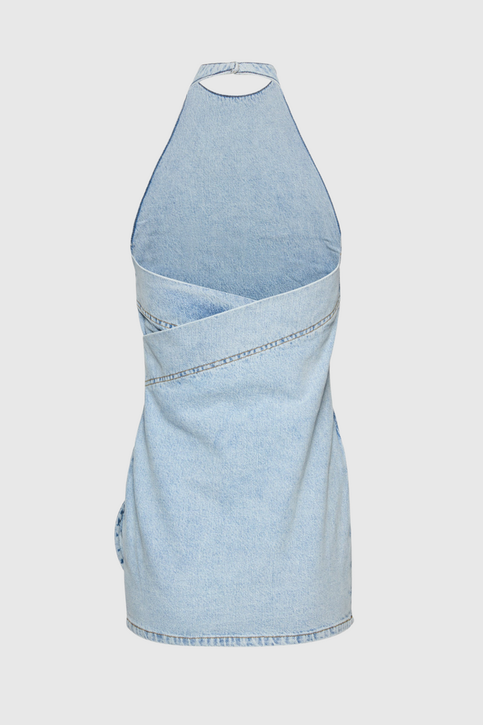 Christell Floral Appliqué Halter Denim Mini Dress - Stylish beautiful dress for special occasions | Buy Online