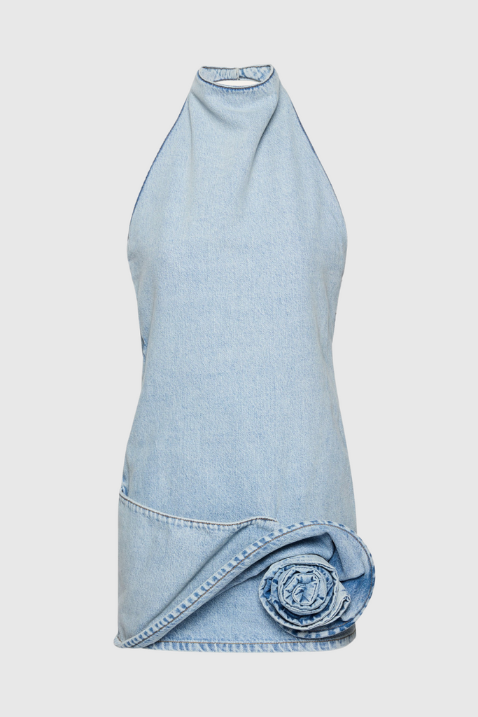 Stylish beautiful dress | Christell Floral Appliqué Halter Denim Mini Dress - Ideal for special occasions