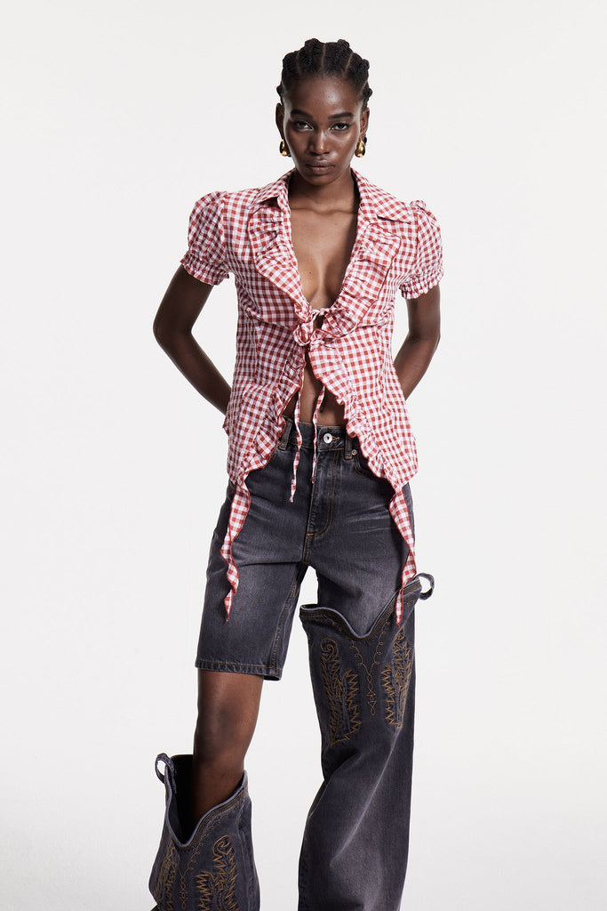 Christiane Grid Ruffle T Shirt - Stylish beautiful dress for special occasions | Buy Online