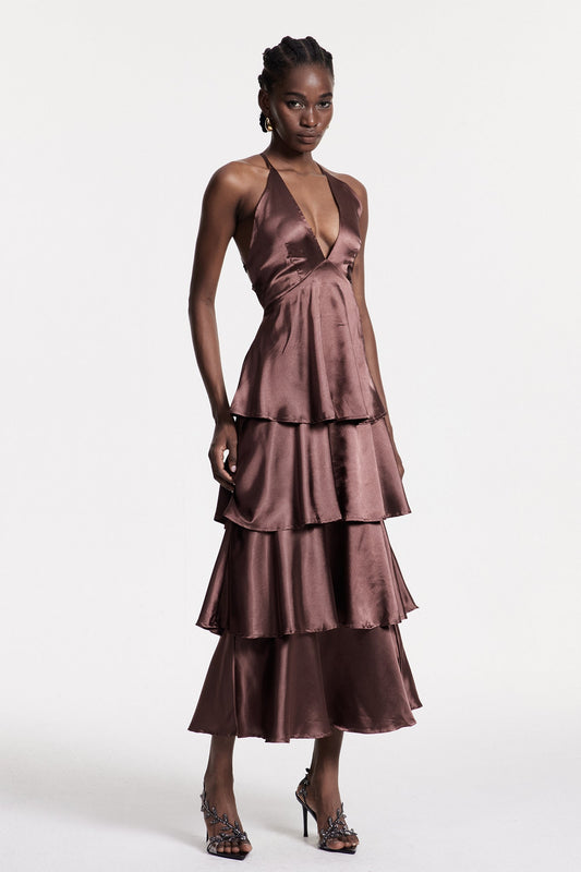 Christianus Plunge Ruffle Backless Maxi Dress