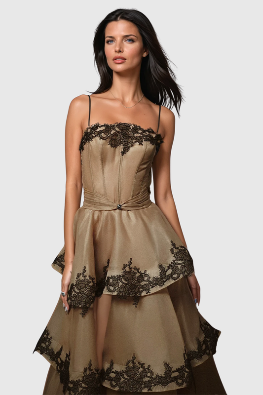 Cibele Lace Mesh Ruffle Maxi Dress