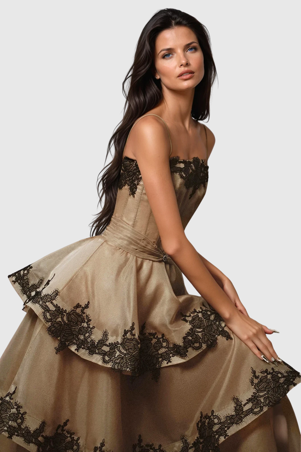 Cibele Lace Mesh Ruffle Maxi Dress