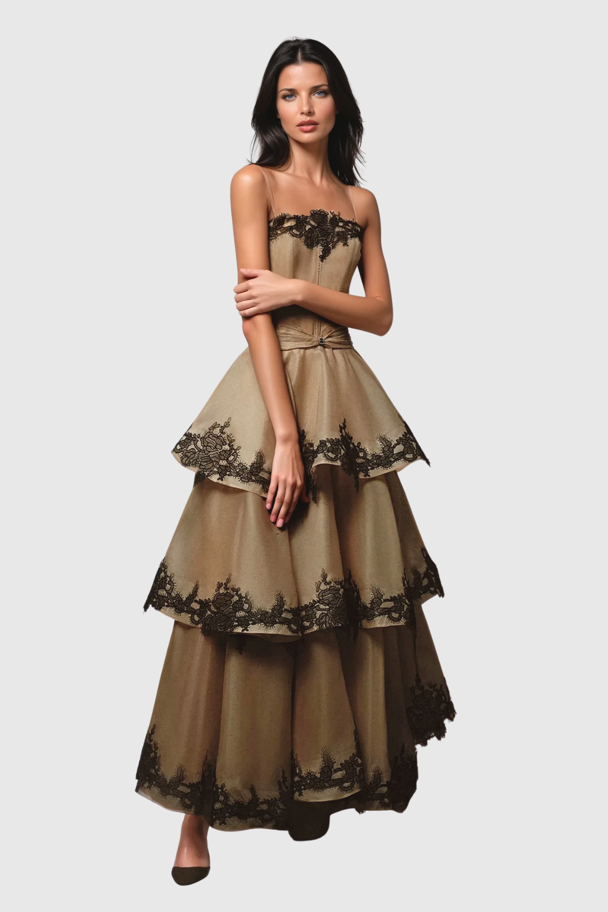 Cibele Lace Mesh Ruffle Maxi Dress