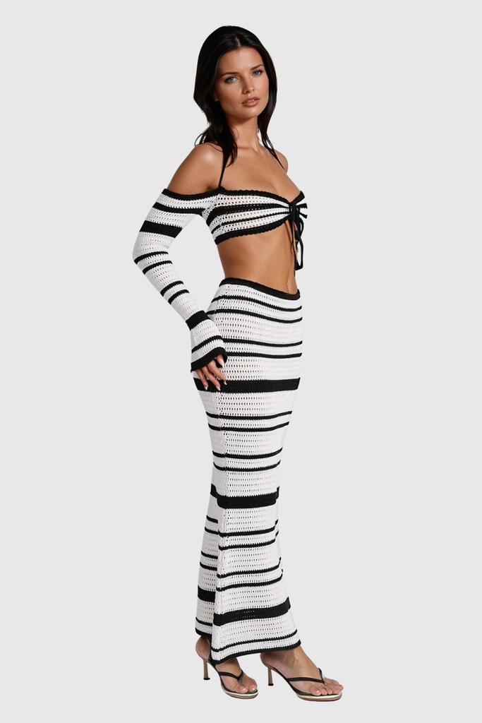 Stylish black dress | Cihangir Stripe Knit Skirt Set In Black - Ideal for special occasions