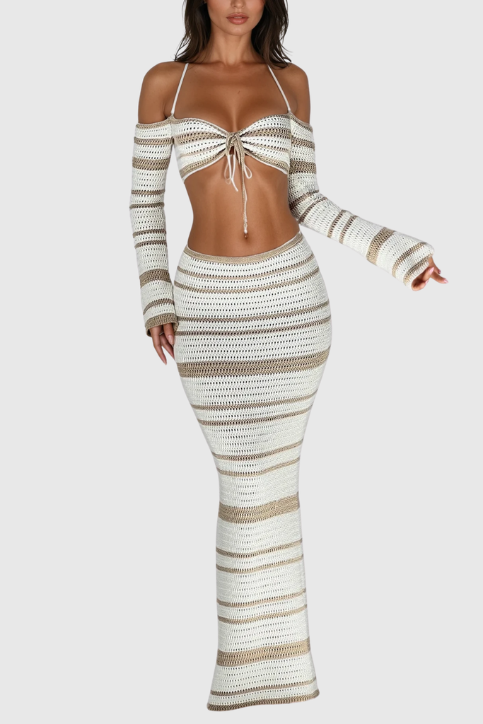 Stylish beautiful dress | Cihangir Stripe Knit Skirt Set In Khaki - Ideal for special occasions