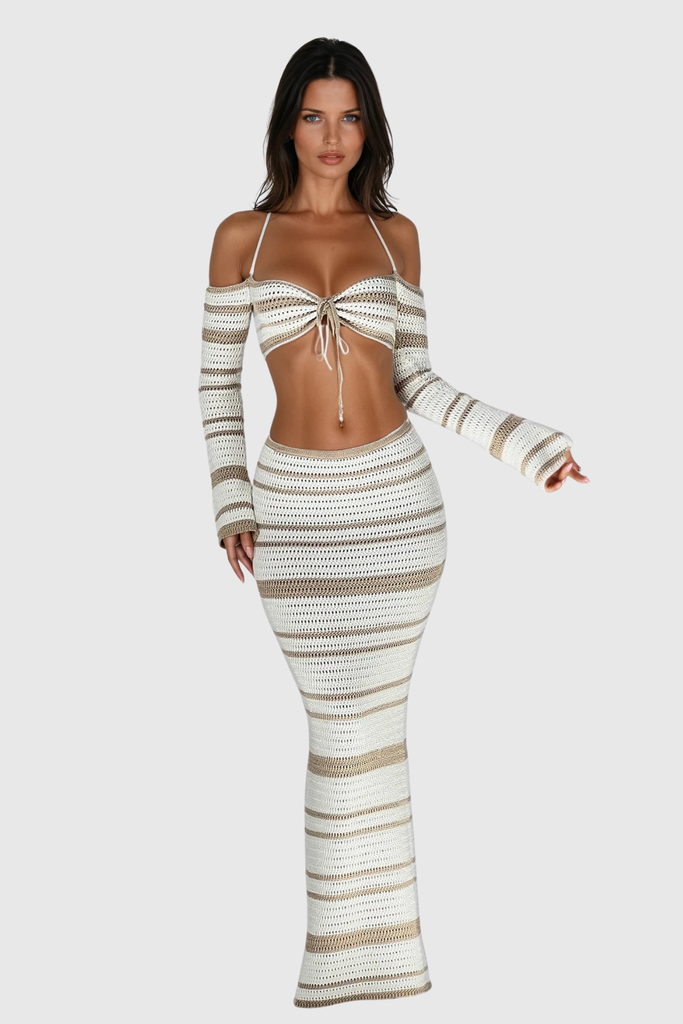 Cihangir Stripe Knit Skirt Set In Khaki - Stylish beautiful dress for special occasions | Buy Online