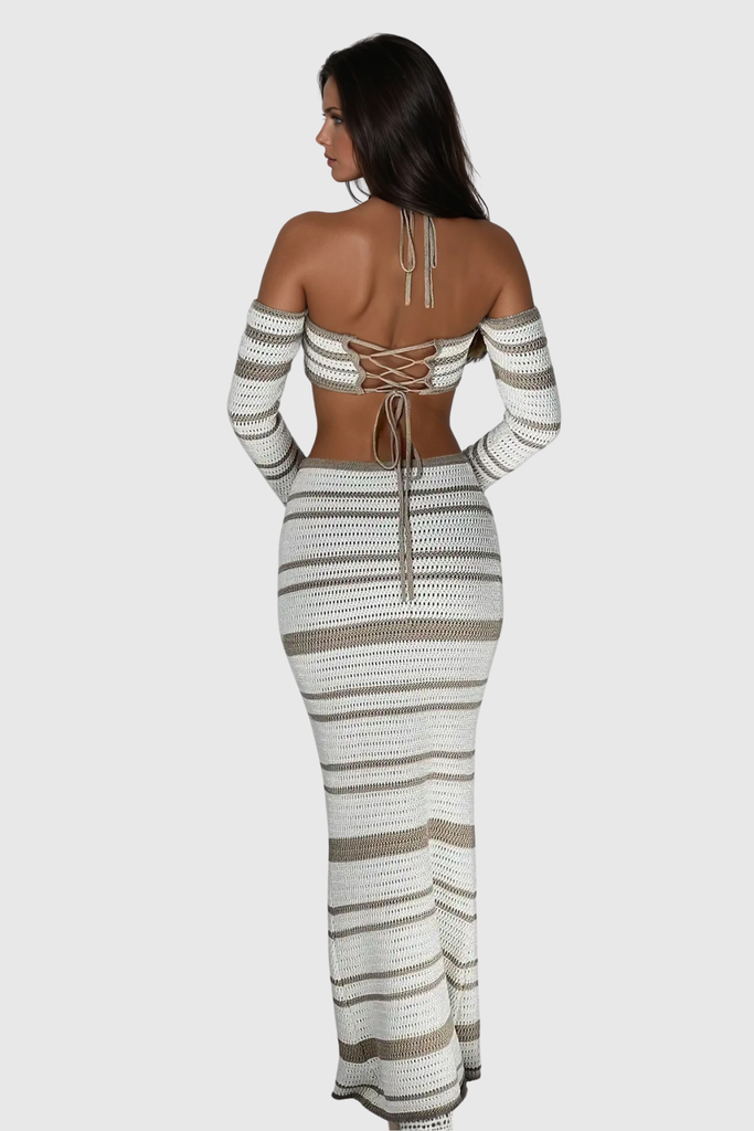 Shop  beautiful dress - Perfect for special occasions | Cihangir Stripe Knit Skirt Set In Khaki