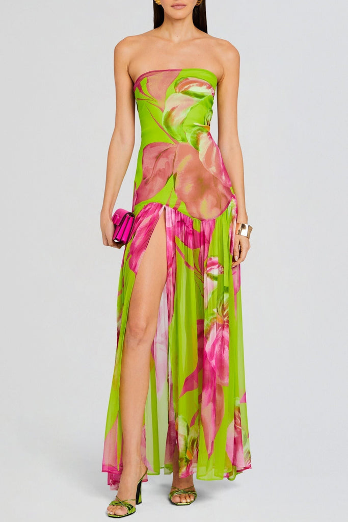 Stylish green dress | Shmaka Floral Print Strapless Slit Maxi Dress - Green - Ideal for special occasions