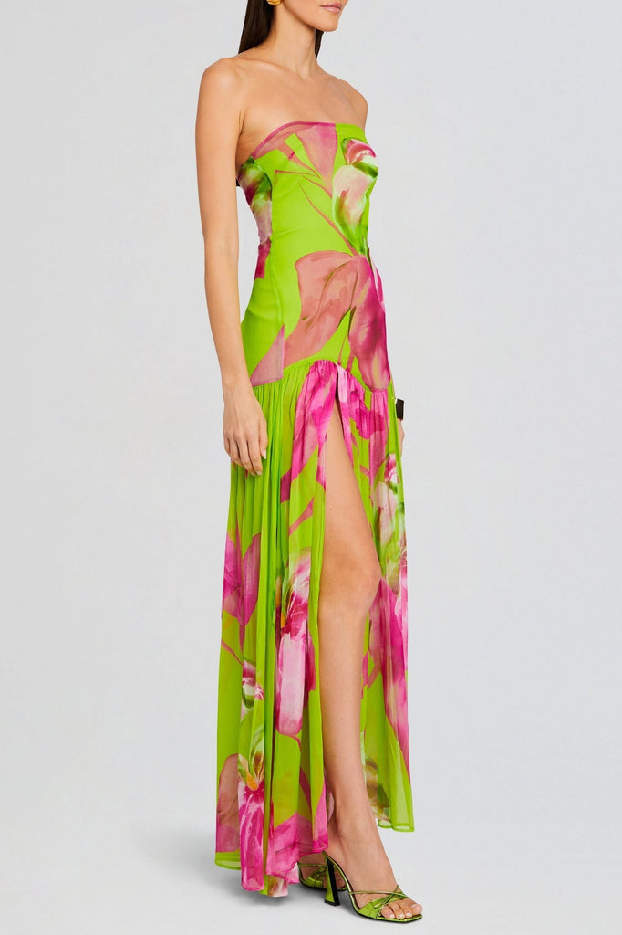 Shop  green dress - Perfect for special occasions | Shmaka Floral Print Strapless Slit Maxi Dress - Green