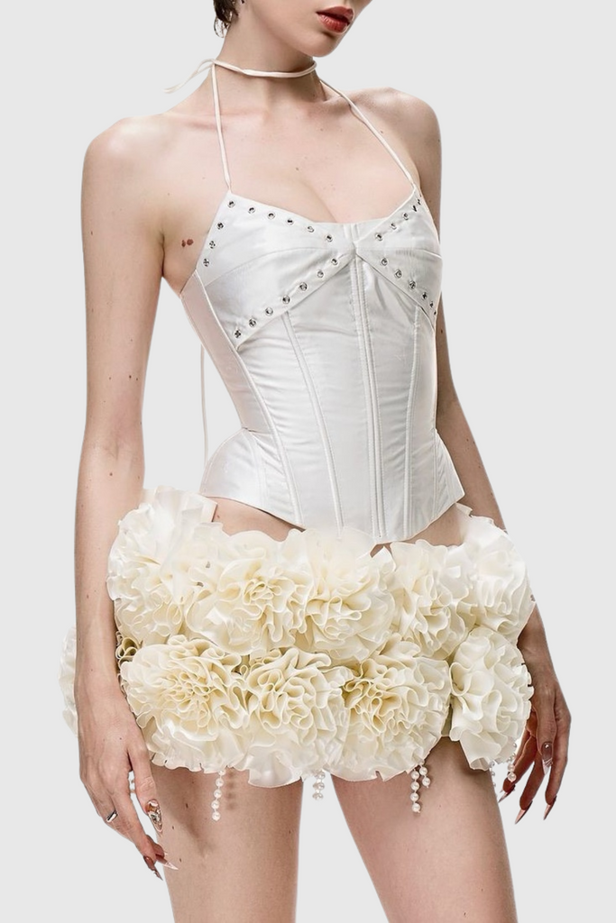 Stylish beautiful dress | Orsolya Floral Pearl Corset Two Piece Set - Ivory - Ideal for special occasions