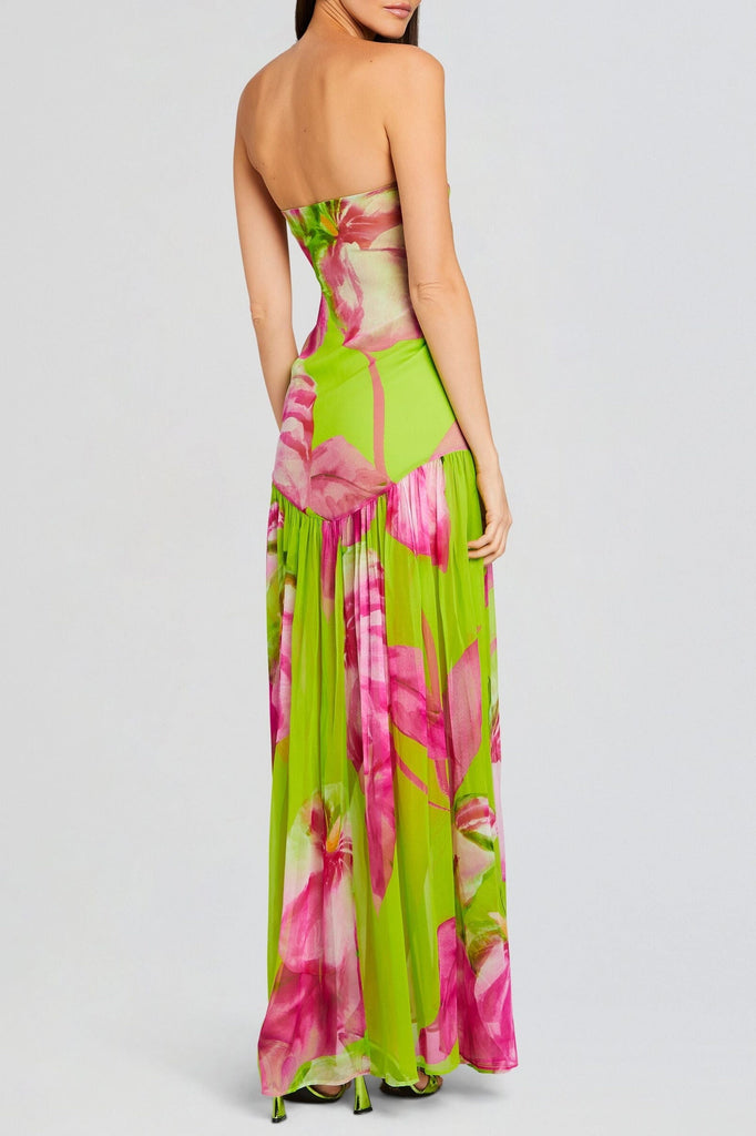 Shop  green dress - Perfect for special occasions | Shmaka Floral Print Strapless Slit Maxi Dress - Green