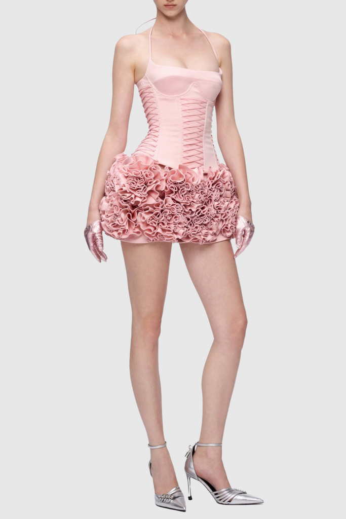 Cindia Floral Lace Up Corset Two Piece Set - Pink - Stylish pink dress for special occasions | Buy Online