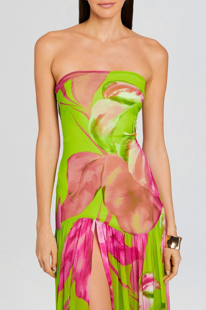 Shop  green dress - Perfect for special occasions | Shmaka Floral Print Strapless Slit Maxi Dress - Green