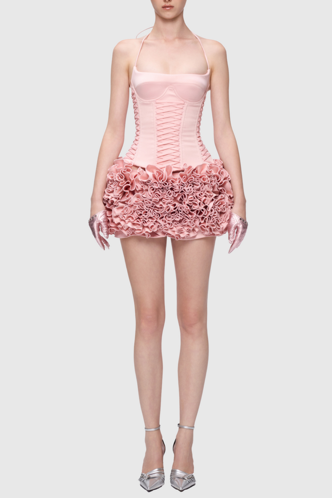 Cindia Floral Lace Up Corset Two Piece Set - Pink - Stylish pink dress for special occasions | Buy Online