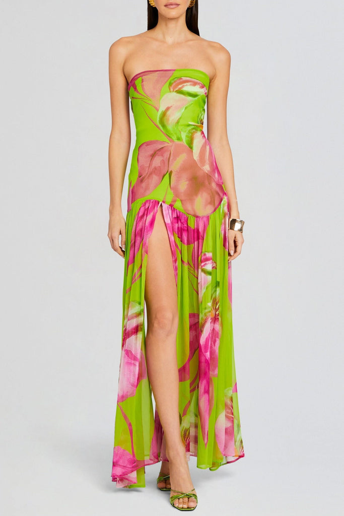 Stylish green dress | Shmaka Floral Print Strapless Slit Maxi Dress - Green - Ideal for special occasions