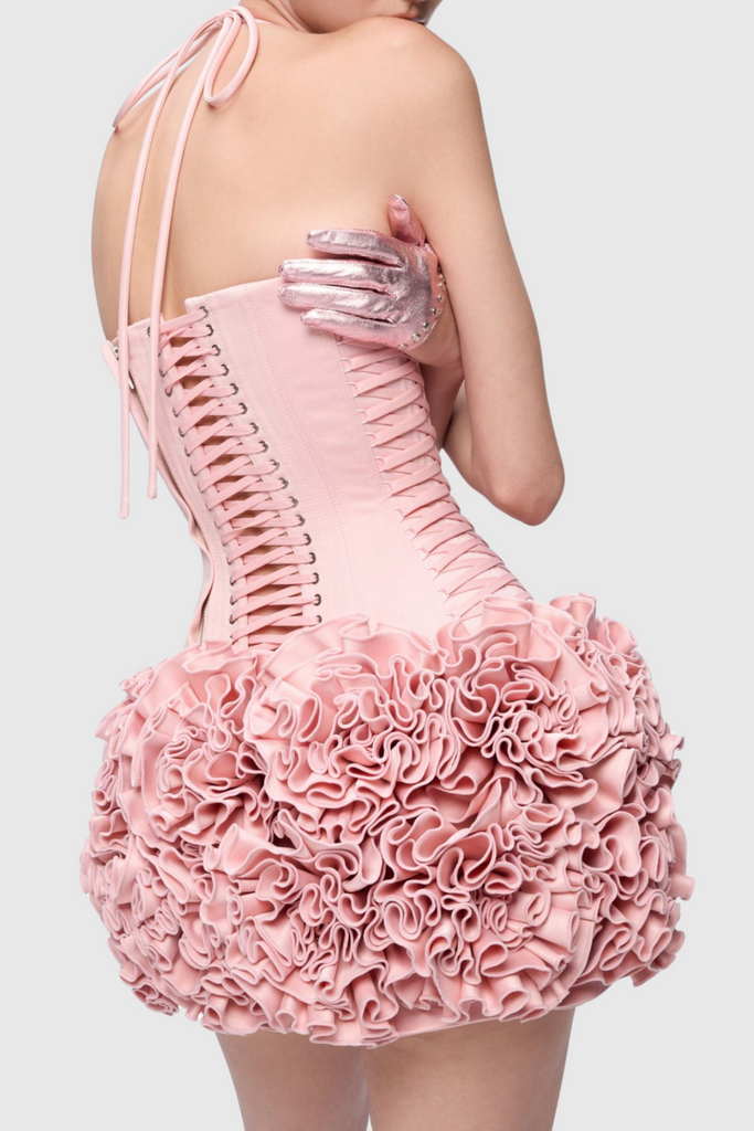 Cindia Floral Lace Up Corset Two Piece Set - Pink - Stylish pink dress for special occasions | Buy Online