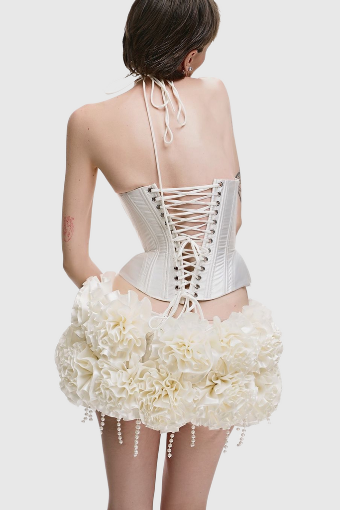 Orsolya Floral Pearl Corset Two Piece Set - Ivory - Stylish beautiful dress for special occasions | Buy Online