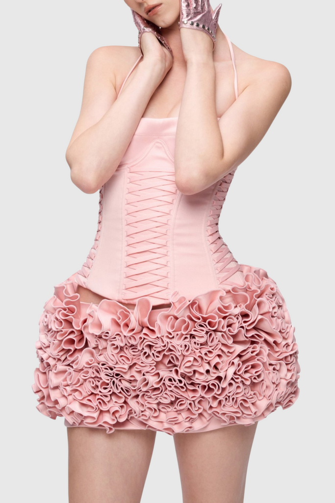 Stylish pink dress | Cindia Floral Lace Up Corset Two Piece Set - Pink - Ideal for special occasions