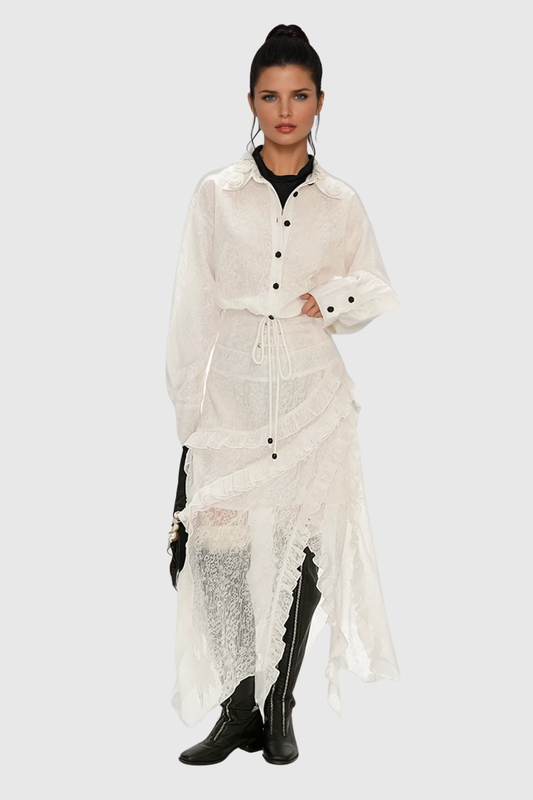 Ciprian Asymmetric Lace  Maxi Shirt Dress