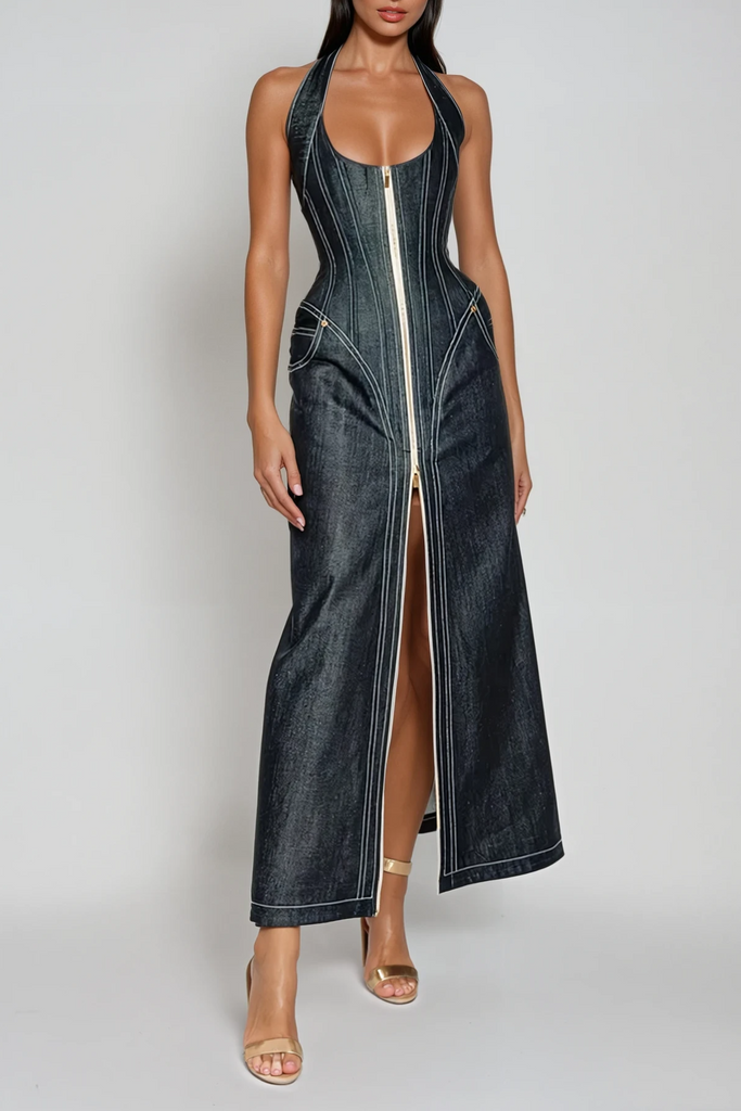 Cirillo Halter Neck Corset Denim Maxi Dress - Stylish beautiful dress for special occasions | Buy Online