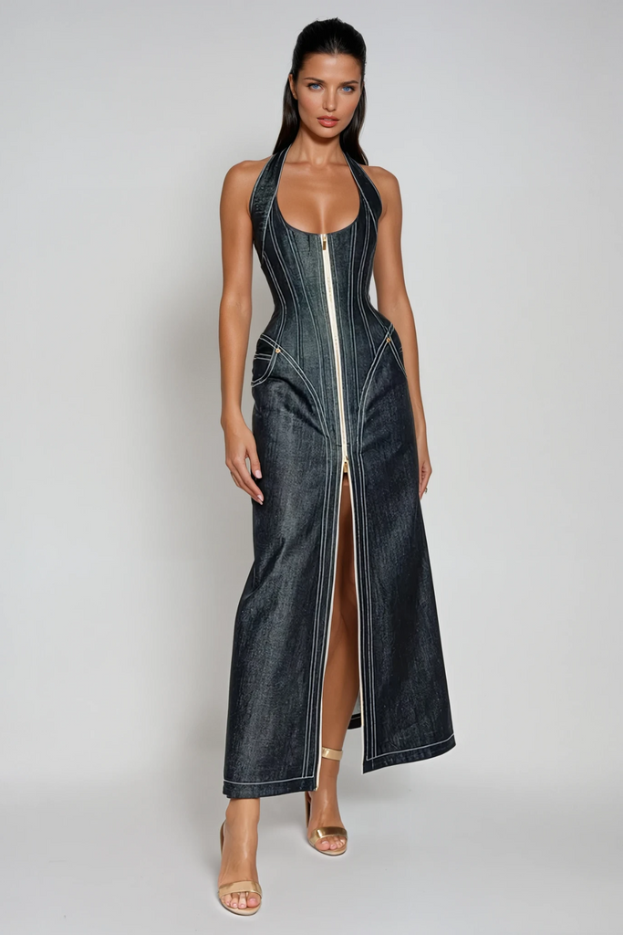 Shop  beautiful dress - Perfect for special occasions | Cirillo Halter Neck Corset Denim Maxi Dress