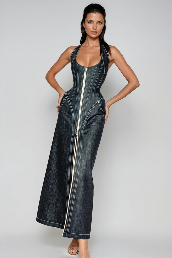 Cirillo Halter Neck Corset Denim Maxi Dress - Stylish beautiful dress for special occasions | Buy Online