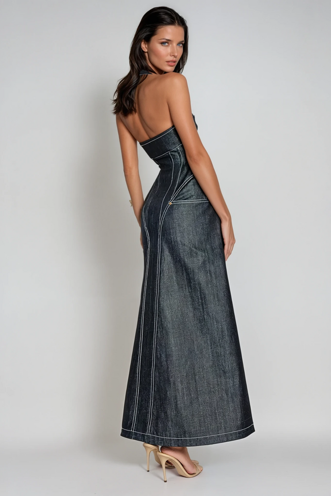 Cirillo Halter Neck Corset Denim Maxi Dress - Stylish beautiful dress for special occasions | Buy Online