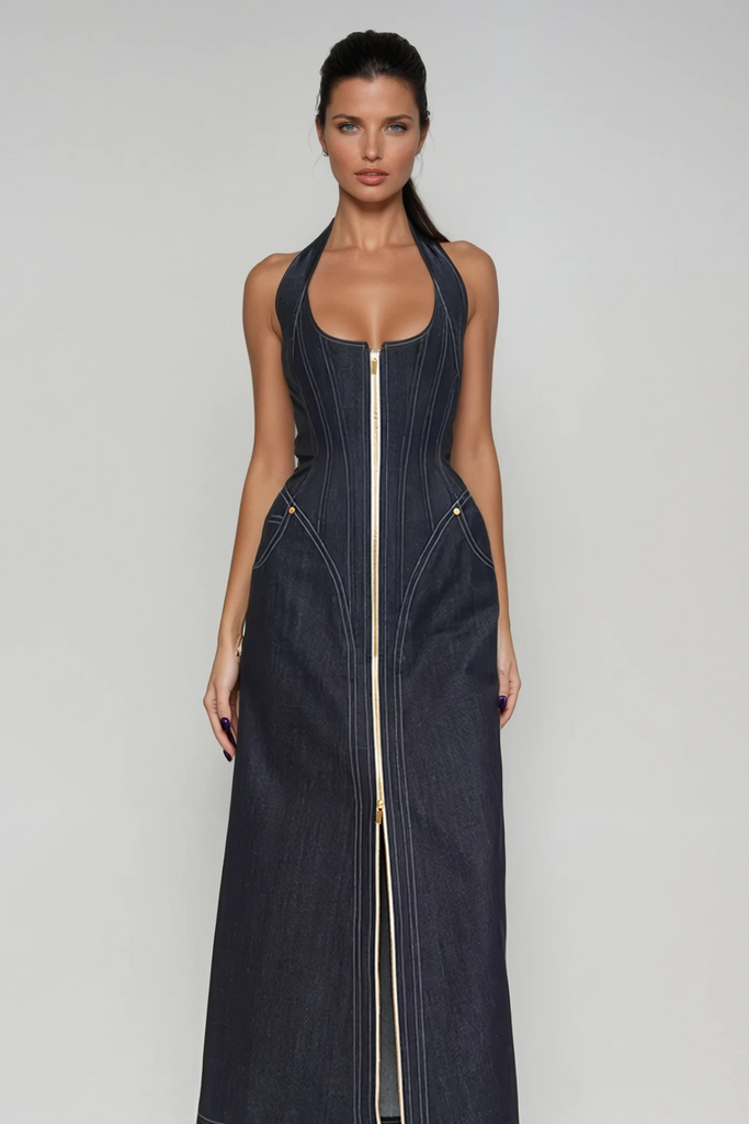 Cirillo Halter Neck Corset Denim Maxi Dress - Stylish beautiful dress for special occasions | Buy Online